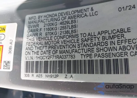 2024 Honda Accord Hybrid Sport-L из США, поврежденный, VIN 1HGCY2F71RA037783